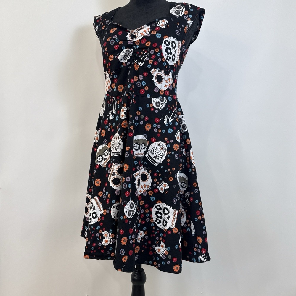 Oten Day‎ of the Dead Sugar Skull Floral Fit and Flare Dress Medium Pin Up Goth